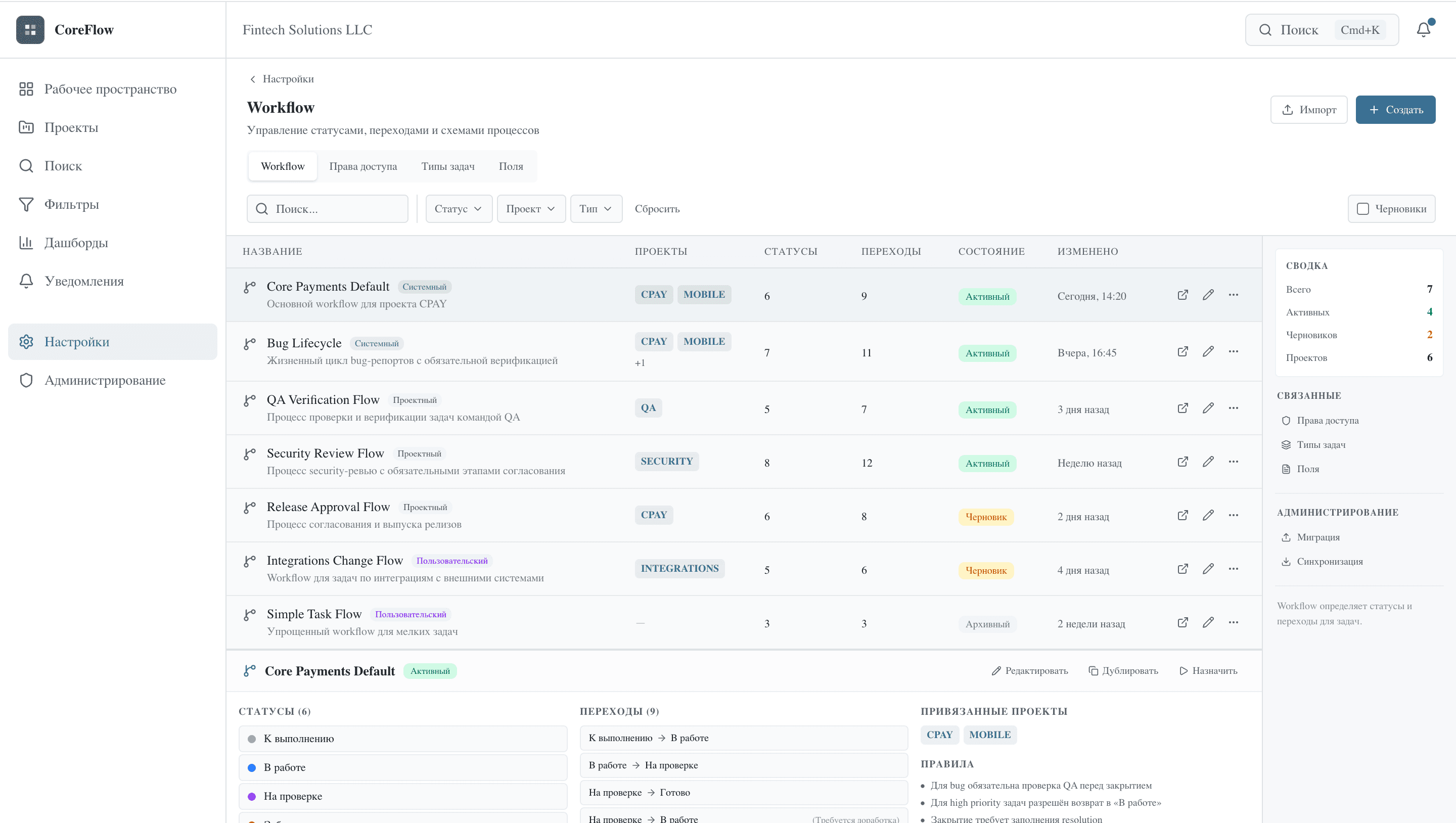 CortexFlow — настройка workflow: статусы, переходы, правила